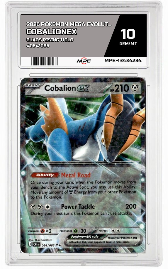 2026 POKEMON MEGA EVOLUTION CHAOS RISING-HOLO #064/086 CobalionEX MPE 10 GEM/MT — graded card auctioned from the MPE vault