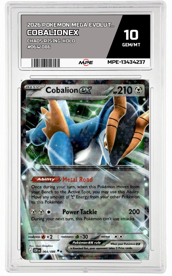 2026 POKEMON MEGA EVOLUTION CHAOS RISING-HOLO #064/086 CobalionEX MPE 10 GEM/MT — graded card auctioned from the MPE vault