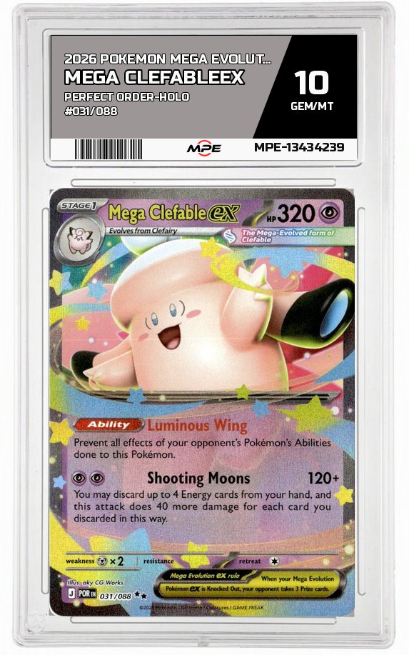 2026 POKEMON MEGA EVOLUTION PERFECT ORDER-HOLO #031/088 Mega ClefableEX MPE 10 GEM/MT — graded card auctioned from the MPE vault