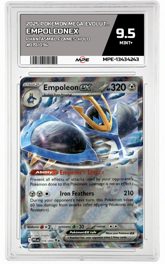 2025 POKEMON MEGA EVOLUTION PHANTASMAL FLAMES-HOLO #070/094 EmpoleonEX MPE 9.5 MINT+ — graded card auctioned from the MPE vault