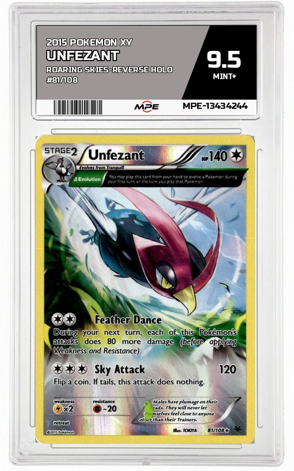 2015 POKEMON XY ROARING SKIES-REVERSE HOLO #81/108 Unfezant MPE 9.5 MINT+ — graded card auctioned from the MPE vault