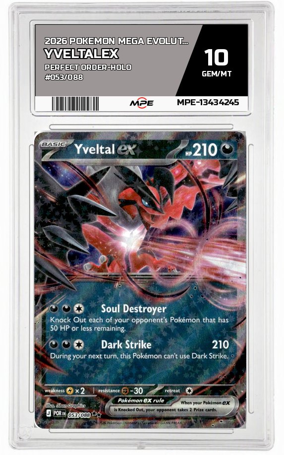 2026 POKEMON MEGA EVOLUTION PERFECT ORDER-HOLO #053/088 YveltalEX MPE 10 GEM/MT — graded card auctioned from the MPE vault