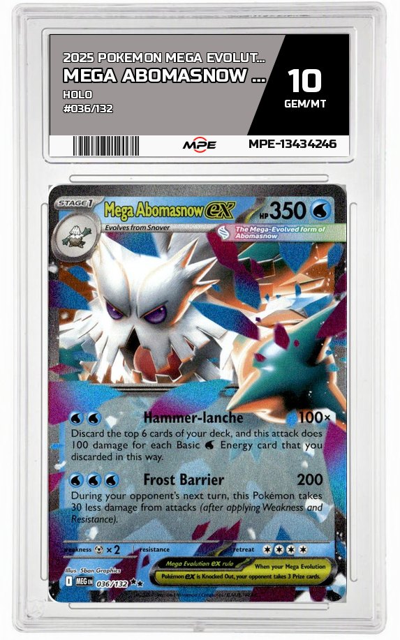 2025 POKEMON MEGA EVOLUTION HOLO #036/132 MEGA ABOMASNOW EX MPE 10 GEM/MT — graded card auctioned from the MPE vault