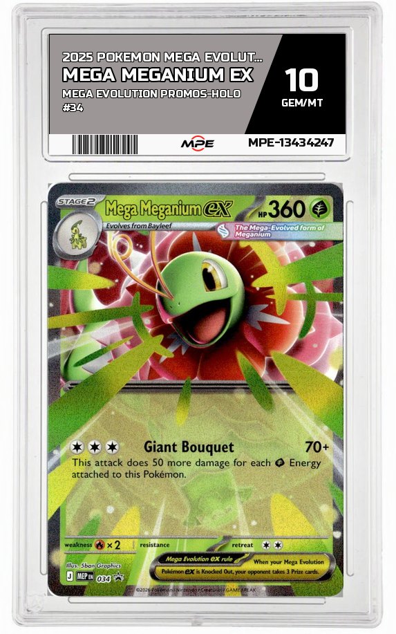 2025 POKEMON MEGA EVOLUTION MEGA EVOLUTION PROMOS-HOLO #34 MEGA MEGANIUM EX MPE 10 GEM/MT — graded card auctioned from the MPE vault