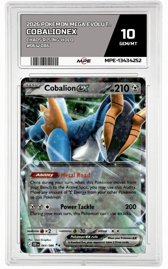 2026 POKEMON MEGA EVOLUTION CHAOS RISING-HOLO #064/086 CobalionEX MPE 10 GEM/MT — graded card auctioned from the MPE vault