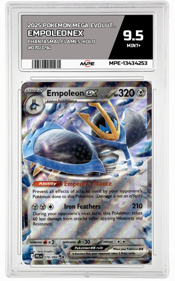 2025 POKEMON MEGA EVOLUTION PHANTASMAL FLAMES-HOLO #070/094 EmpoleonEX MPE 9.5 MINT+ — graded card auctioned from the MPE vault