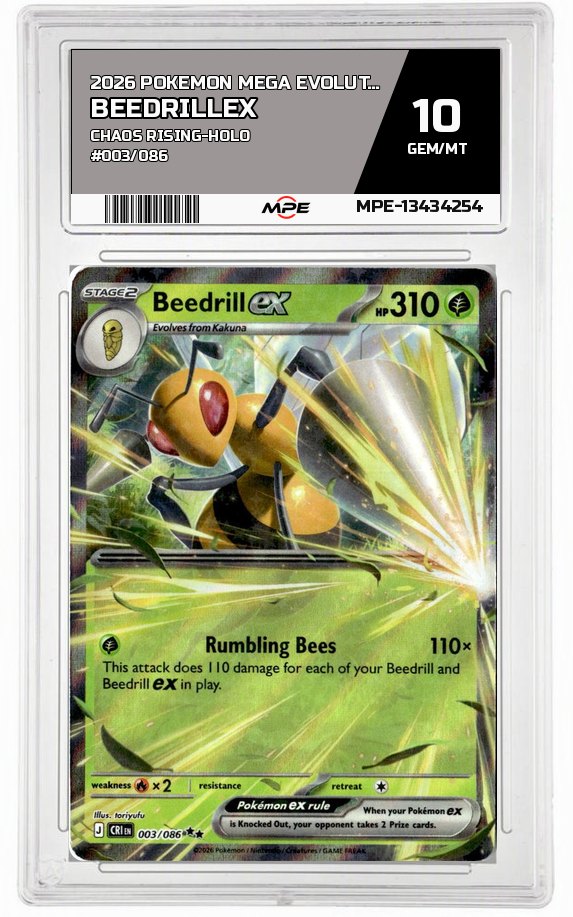 2026 POKEMON MEGA EVOLUTION CHAOS RISING-HOLO #003/086 BeedrillEX MPE 10 GEM/MT — graded card auctioned from the MPE vault