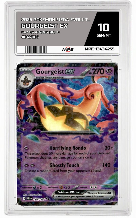 2026 POKEMON MEGA EVOLUTION CHAOS RISING-HOLO #041/086 GOURGEIST EX MPE 10 GEM/MT — graded card auctioned from the MPE vault