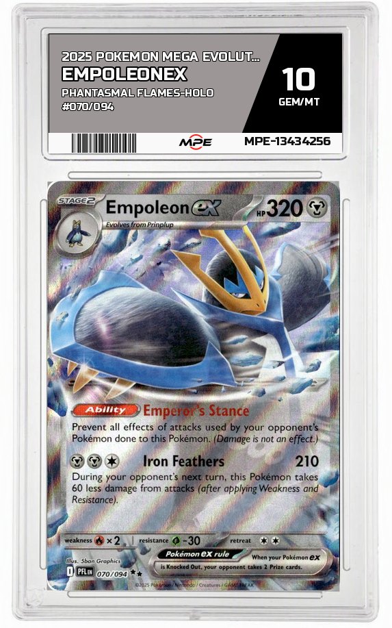 2025 POKEMON MEGA EVOLUTION PHANTASMAL FLAMES-HOLO #070/094 EmpoleonEX MPE 10 GEM/MT — graded card auctioned from the MPE vault