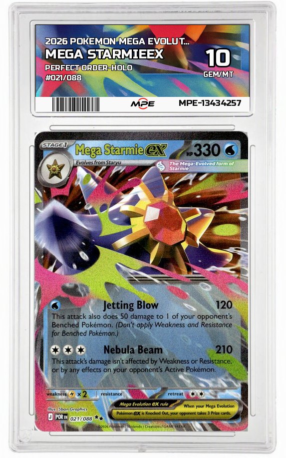 2026 POKEMON MEGA EVOLUTION PERFECT ORDER-HOLO #021/088 Mega StarmieEX MPE 10 GEM/MT — graded card auctioned from the MPE vault
