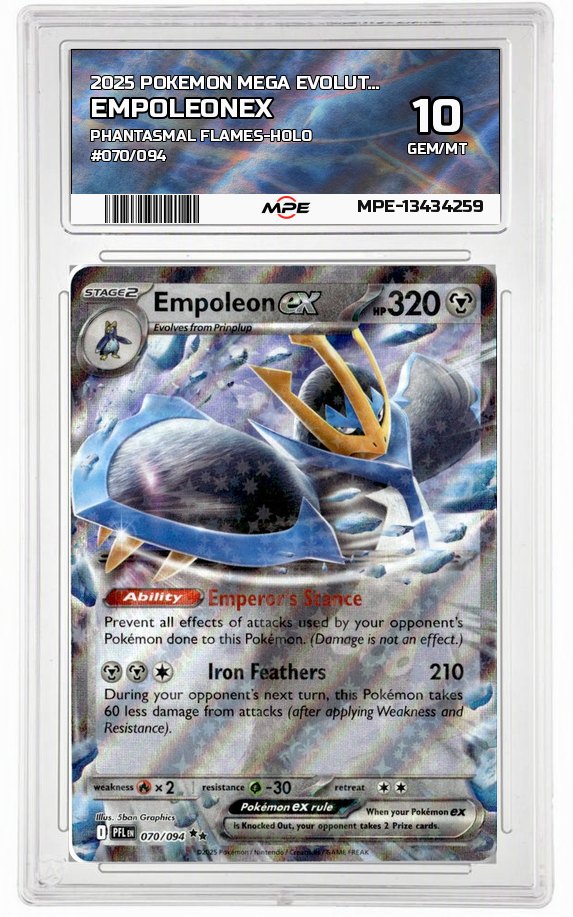 2025 POKEMON MEGA EVOLUTION PHANTASMAL FLAMES-HOLO #070/094 EmpoleonEX MPE 10 GEM/MT — graded card auctioned from the MPE vault