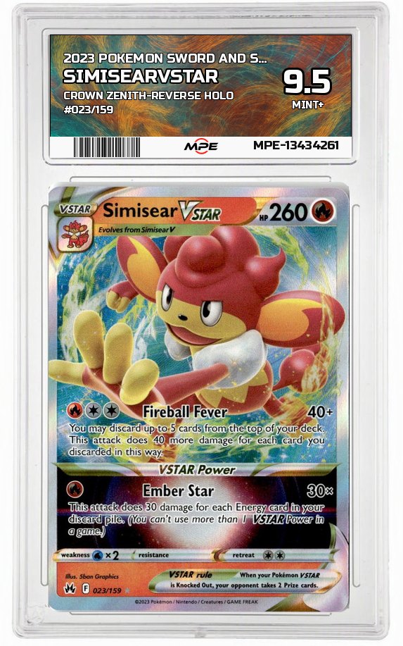 2023 POKEMON SWORD AND SHIELD CROWN ZENITH-REVERSE HOLO #023/159 SimisearVSTAR MPE 9.5 MINT+ — graded card auctioned from the MPE vault