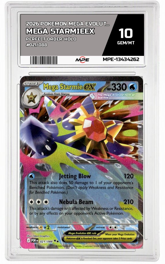 2026 POKEMON MEGA EVOLUTION PERFECT ORDER-HOLO #021/088 Mega StarmieEX MPE 10 GEM/MT — graded card auctioned from the MPE vault