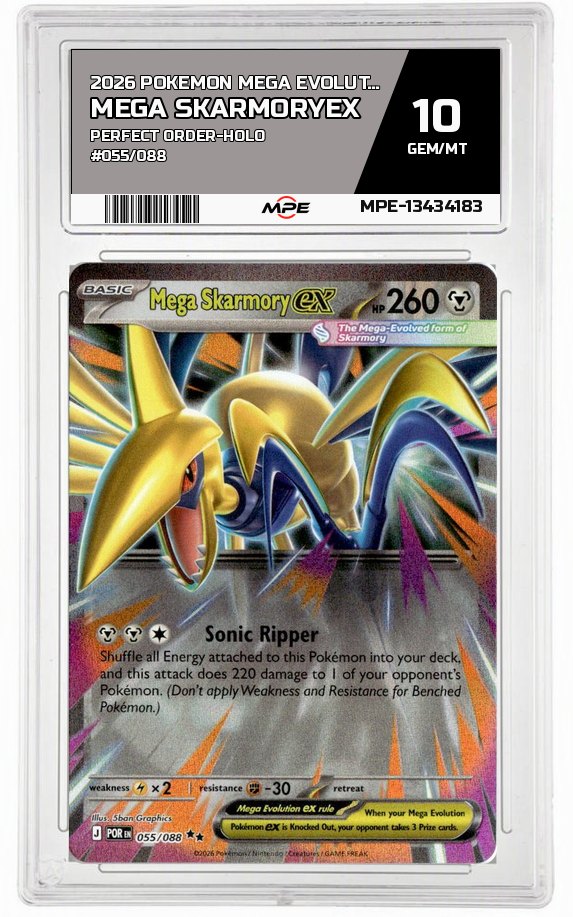 2026 POKEMON MEGA EVOLUTION PERFECT ORDER-HOLO #055/088 Mega SkarmoryEX MPE 10 GEM/MT — graded card auctioned from the MPE vault