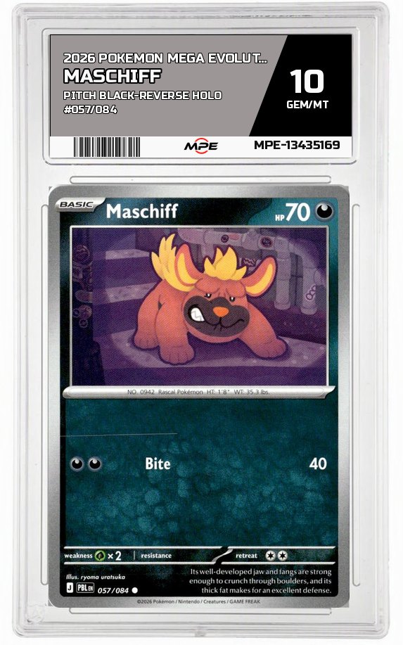 2026 POKEMON MEGA EVOLUTION PITCH BLACK-REVERSE HOLO #057/084 Maschiff MPE 10 GEM/MT — graded card auctioned from the MPE vault