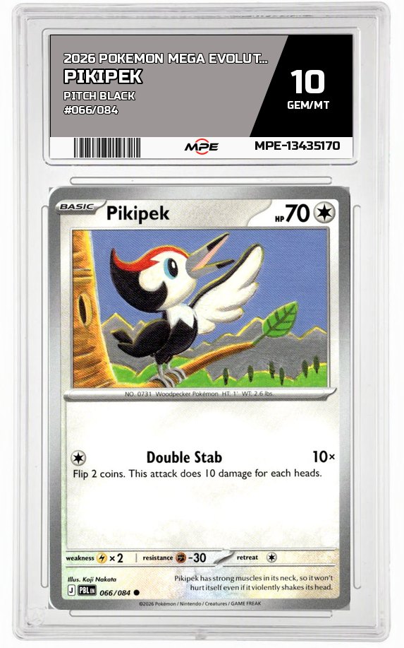 2026 POKEMON MEGA EVOLUTION PITCH BLACK #066/084 Pikipek MPE 10 GEM/MT — graded card auctioned from the MPE vault