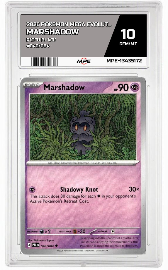 2026 POKEMON MEGA EVOLUTION PITCH BLACK #040/084 Marshadow MPE 10 GEM/MT — graded card auctioned from the MPE vault