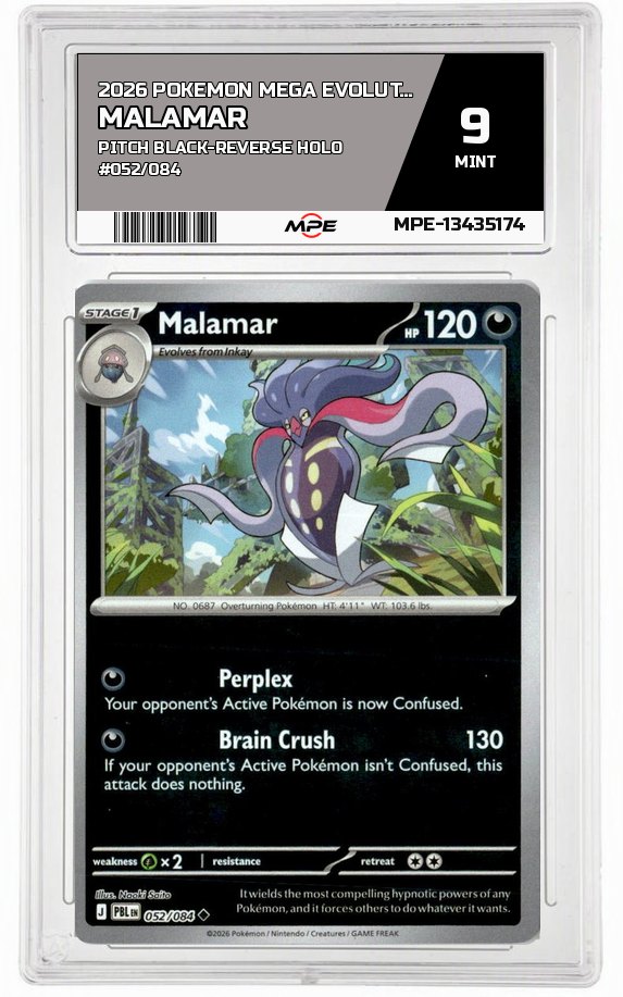 2026 POKEMON MEGA EVOLUTION PITCH BLACK-REVERSE HOLO #052/084 MALAMAR MPE 9 MINT — graded card auctioned from the MPE vault