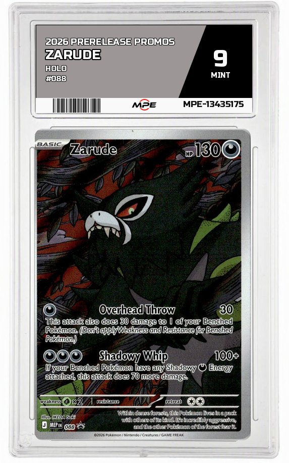 2026 PRERELEASE PROMOS HOLO #088 ZARUDE MPE 9 MINT — graded card auctioned from the MPE vault