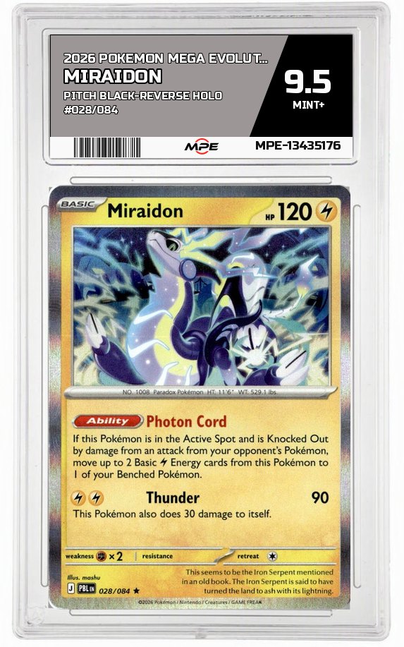 2026 POKEMON MEGA EVOLUTION PITCH BLACK-REVERSE HOLO #028/084 Miraidon MPE 9.5 MINT+ — graded card auctioned from the MPE vault