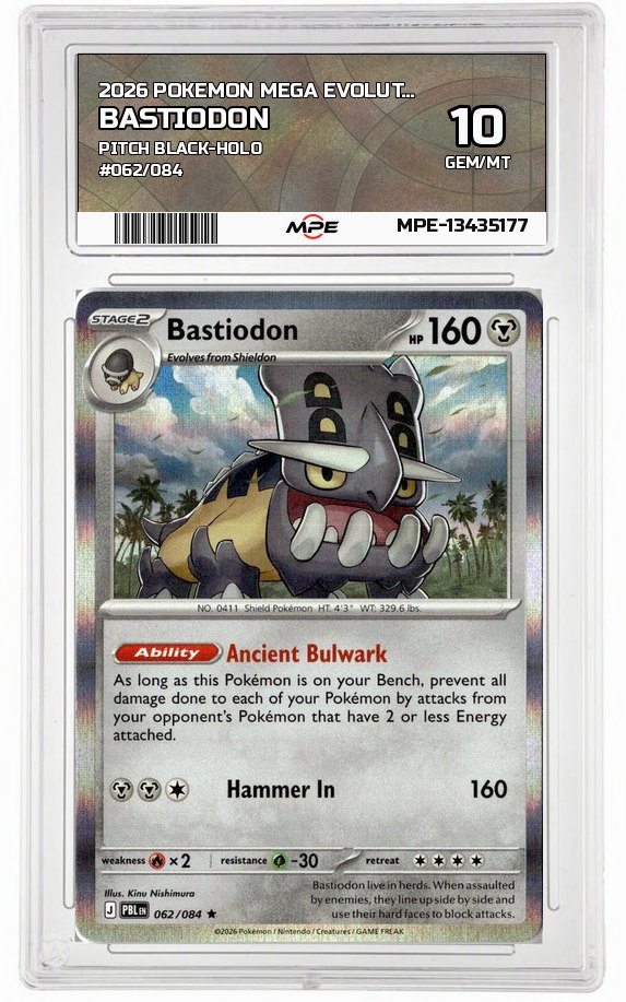 2026 POKEMON MEGA EVOLUTION PITCH BLACK-HOLO #062/084 BASTIODON MPE 10 GEM/MT — graded card auctioned from the MPE vault