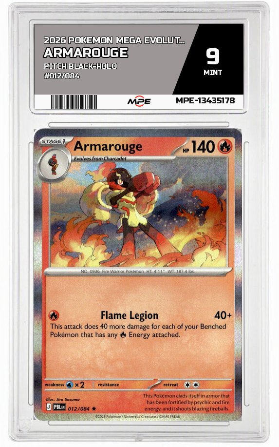 2026 POKEMON MEGA EVOLUTION PITCH BLACK-HOLO #012/084 Armarouge MPE 9 MINT — graded card auctioned from the MPE vault