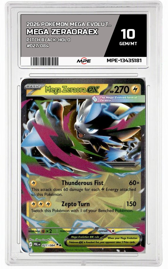 2026 POKEMON MEGA EVOLUTION PITCH BLACK-HOLO #027/084 Mega ZeraoraEX MPE 10 GEM/MT — graded card auctioned from the MPE vault