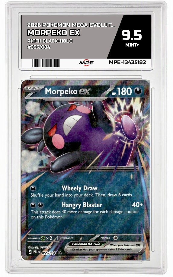 2026 POKEMON MEGA EVOLUTION PITCH BLACK-HOLO #055/084 MORPEKO EX MPE 9.5 MINT+ — graded card auctioned from the MPE vault