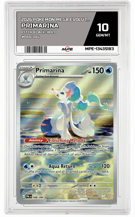 2026 POKEMON MEGA EVOLUTION PITCH BLACK-HOLO #088/084 Primarina MPE 10 GEM/MT — graded card auctioned from the MPE vault