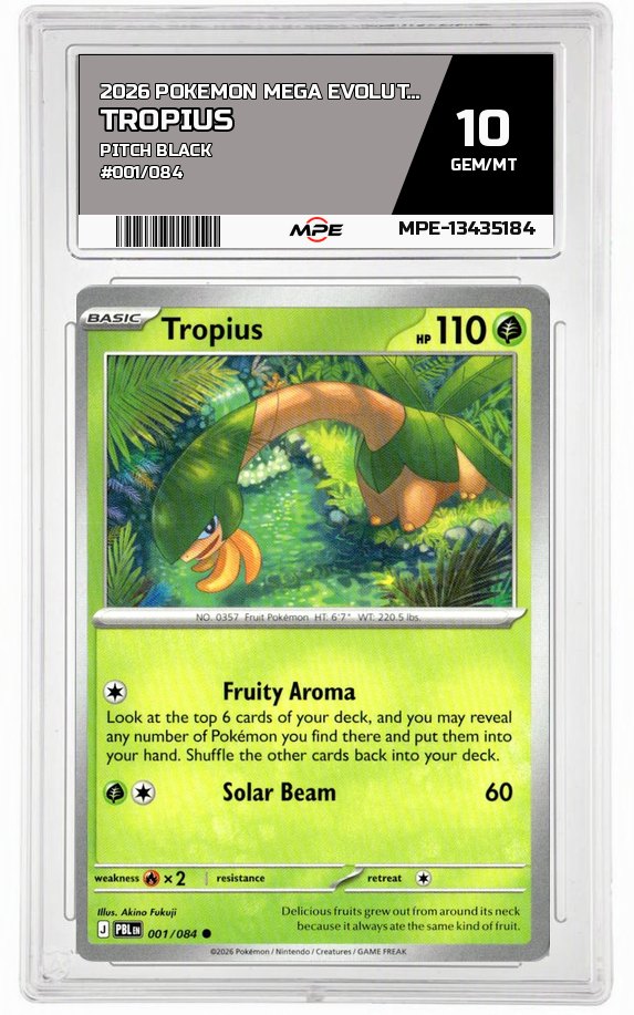 2026 POKEMON MEGA EVOLUTION PITCH BLACK #001/084 TROPIUS MPE 10 GEM/MT — graded card auctioned from the MPE vault