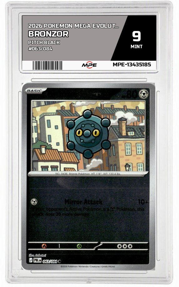 2026 POKEMON MEGA EVOLUTION PITCH BLACK #063/084 Bronzor MPE 9 MINT — graded card auctioned from the MPE vault