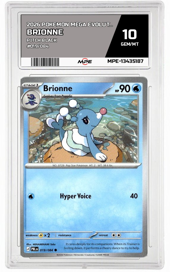 2026 POKEMON MEGA EVOLUTION PITCH BLACK #019/084 BRIONNE MPE 10 GEM/MT — graded card auctioned from the MPE vault