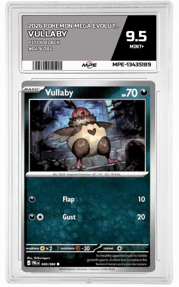 2026 POKEMON MEGA EVOLUTION PITCH BLACK #049/084 VULLABY MPE 9.5 MINT+ — graded card auctioned from the MPE vault