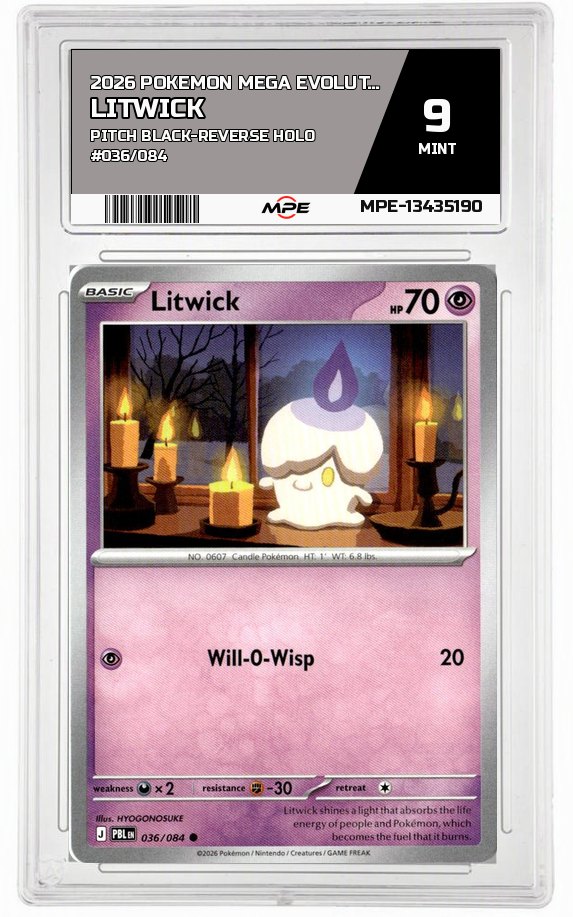 2026 POKEMON MEGA EVOLUTION PITCH BLACK-REVERSE HOLO #036/084 LITWICK MPE 9 MINT — graded card auctioned from the MPE vault