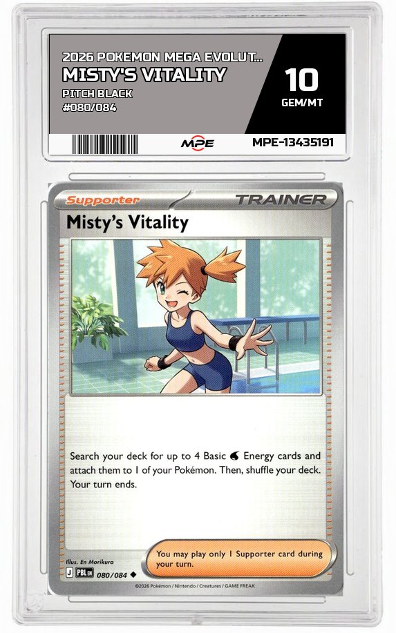 2026 POKEMON MEGA EVOLUTION PITCH BLACK #080/084 Misty's Vitality MPE 10 GEM/MT — graded card auctioned from the MPE vault