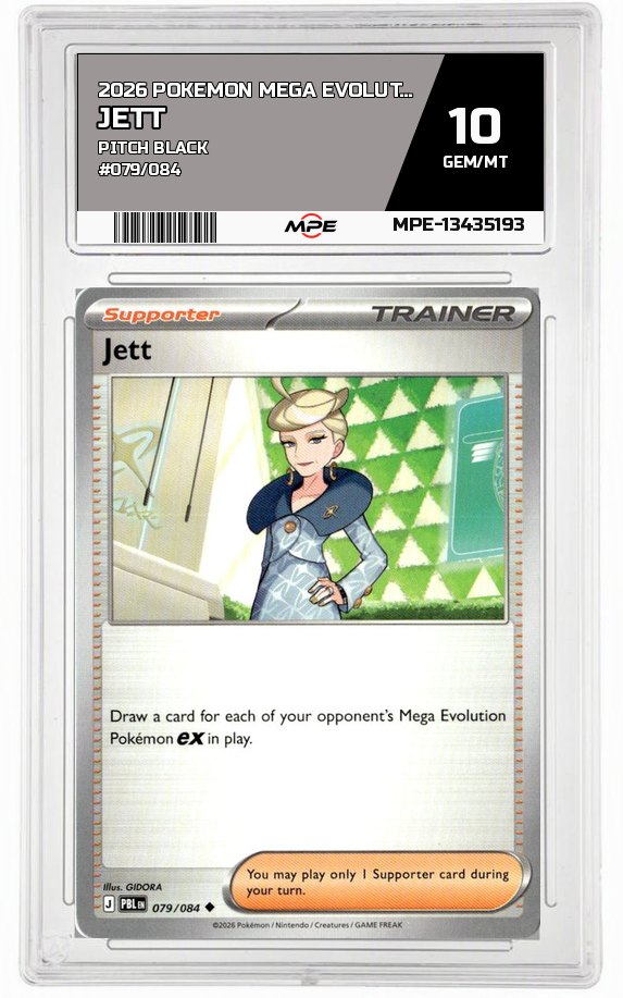 2026 POKEMON MEGA EVOLUTION PITCH BLACK #079/084 JETT MPE 10 GEM/MT — graded card auctioned from the MPE vault
