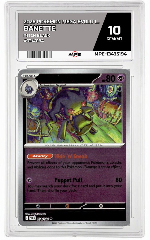 2026 POKEMON MEGA EVOLUTION PITCH BLACK #034/084 Banette MPE 10 GEM/MT — graded card auctioned from the MPE vault