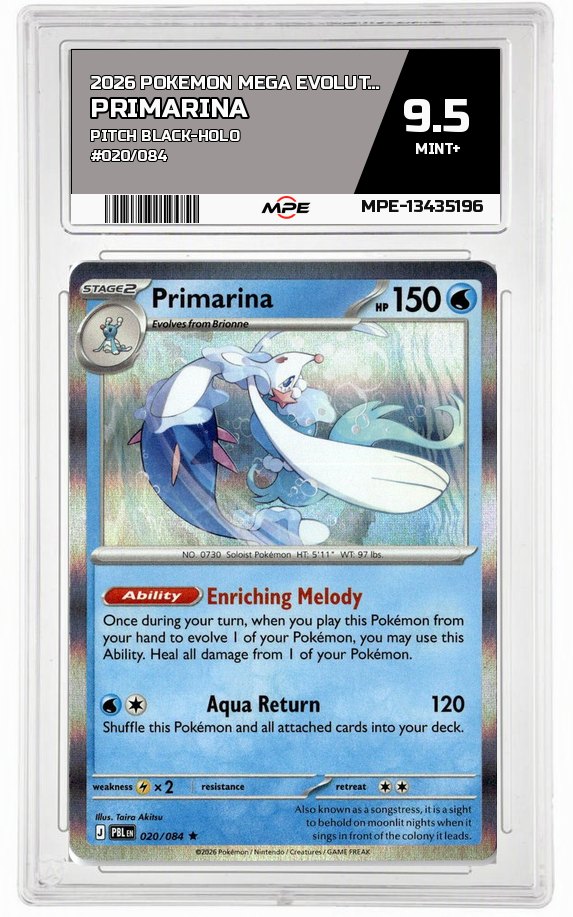 2026 POKEMON MEGA EVOLUTION PITCH BLACK-HOLO #020/084 Primarina MPE 9.5 MINT+ — graded card auctioned from the MPE vault