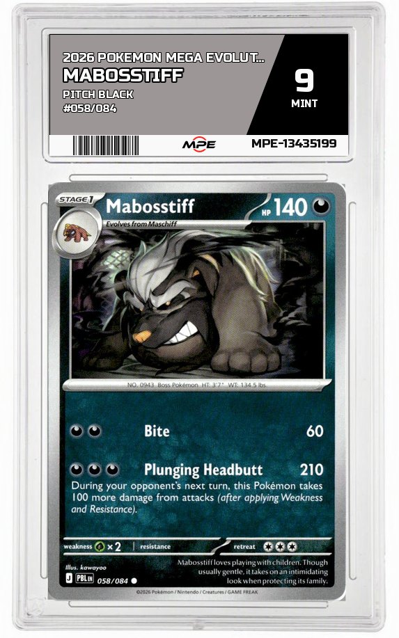 2026 POKEMON MEGA EVOLUTION PITCH BLACK #058/084 MABOSSTIFF MPE 9 MINT — graded card auctioned from the MPE vault
