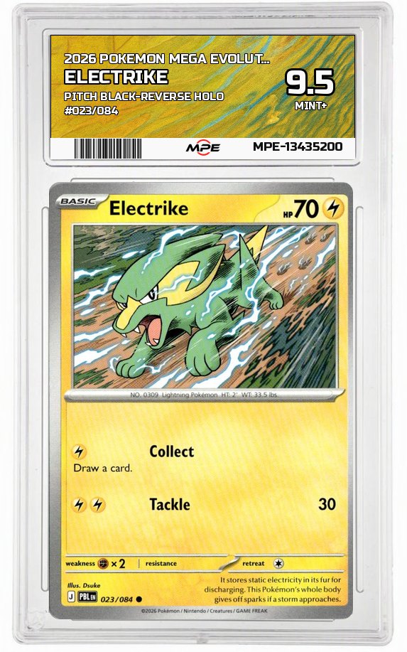 2026 POKEMON MEGA EVOLUTION PITCH BLACK-REVERSE HOLO #023/084 ELECTRIKE MPE 9.5 MINT+ — graded card auctioned from the MPE vault