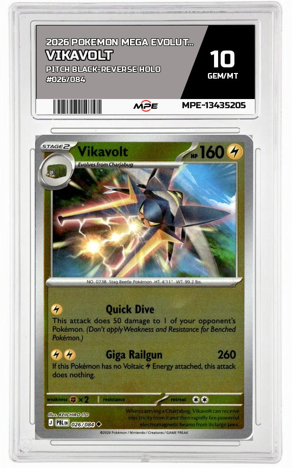 2026 POKEMON MEGA EVOLUTION PITCH BLACK-REVERSE HOLO #026/084 Vikavolt MPE 10 GEM/MT — graded card auctioned from the MPE vault