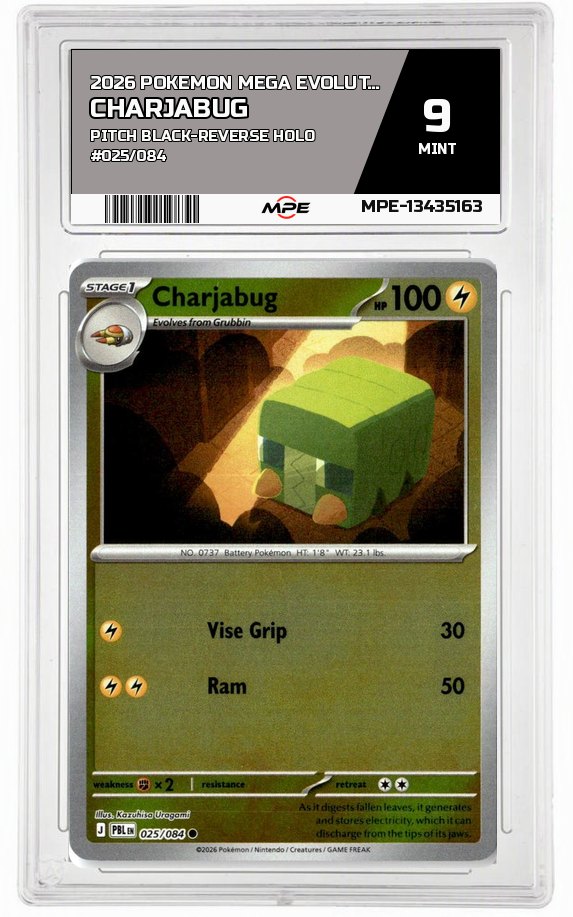 2026 POKEMON MEGA EVOLUTION PITCH BLACK-REVERSE HOLO #025/084 Charjabug MPE 9 MINT — graded card auctioned from the MPE vault
