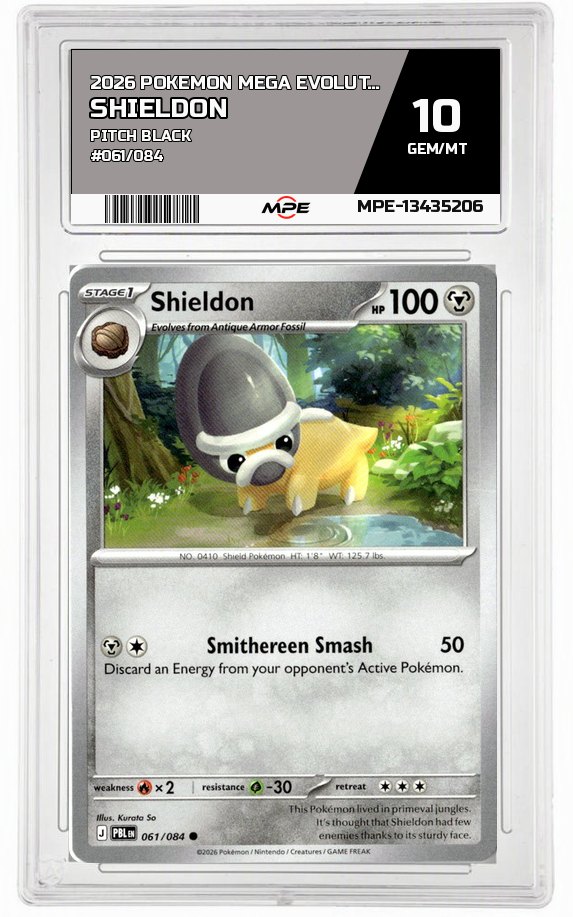 2026 POKEMON MEGA EVOLUTION PITCH BLACK #061/084 Shieldon MPE 10 GEM/MT — graded card auctioned from the MPE vault