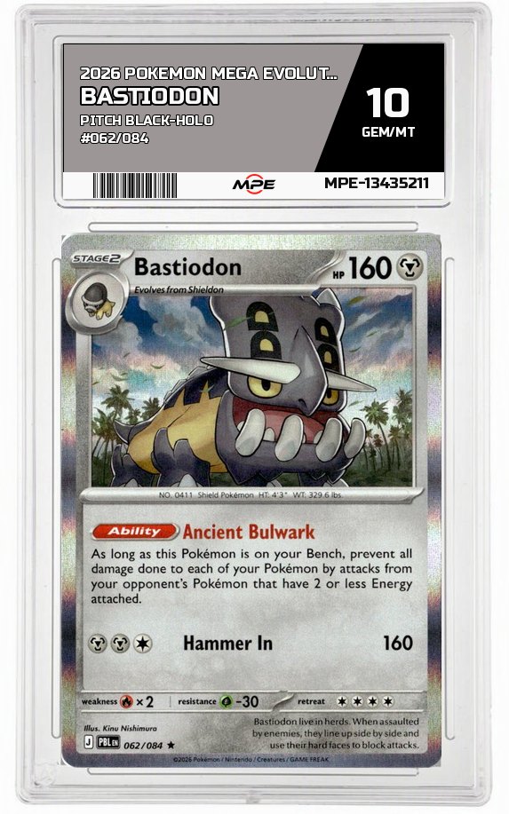 2026 POKEMON MEGA EVOLUTION PITCH BLACK-HOLO #062/084 Bastiodon MPE 10 GEM/MT — graded card auctioned from the MPE vault