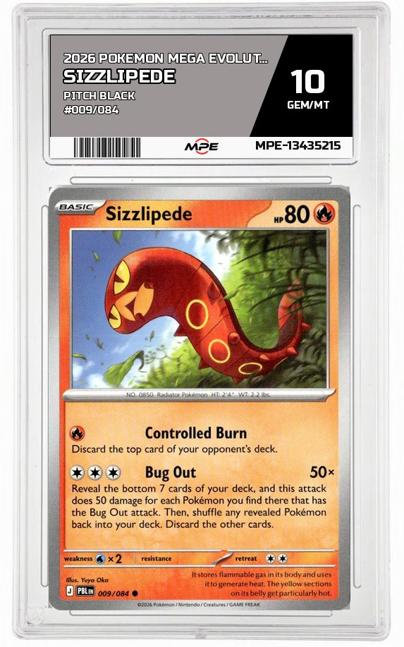 2026 POKEMON MEGA EVOLUTION PITCH BLACK #009/084 Sizzlipede MPE 10 GEM/MT — graded card auctioned from the MPE vault