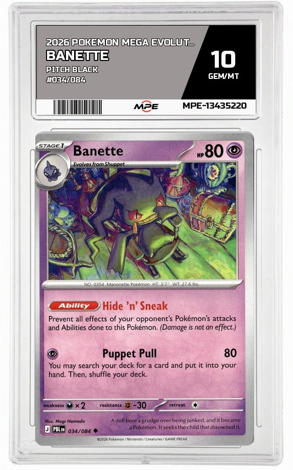 2026 POKEMON MEGA EVOLUTION PITCH BLACK #034/084 Banette MPE 10 GEM/MT — graded card auctioned from the MPE vault