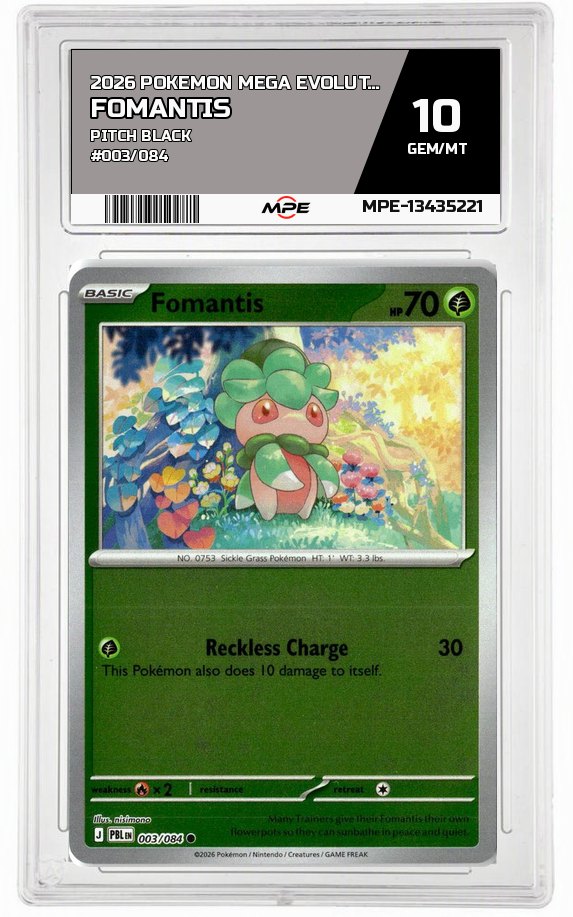 2026 POKEMON MEGA EVOLUTION PITCH BLACK #003/084 Fomantis MPE 10 GEM/MT — graded card auctioned from the MPE vault