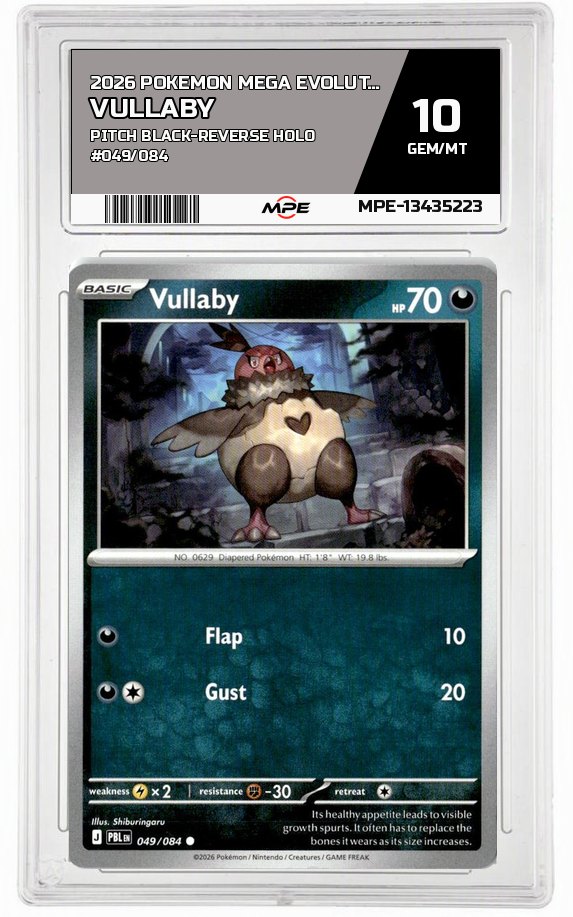 2026 POKEMON MEGA EVOLUTION PITCH BLACK-REVERSE HOLO #049/084 Vullaby MPE 10 GEM/MT — graded card auctioned from the MPE vault