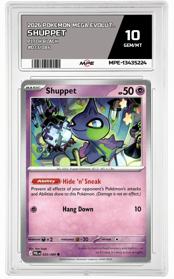 2026 POKEMON MEGA EVOLUTION PITCH BLACK #033/084 Shuppet MPE 10 GEM/MT — graded card auctioned from the MPE vault