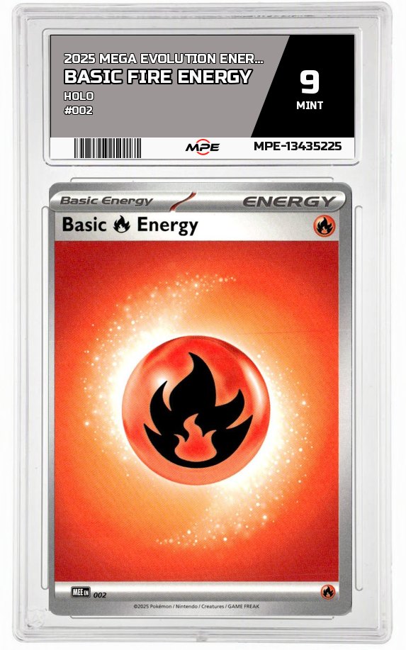 2025 MEGA EVOLUTION ENERGIES HOLO #002 BASIC FIRE ENERGY MPE 9 MINT — graded card auctioned from the MPE vault